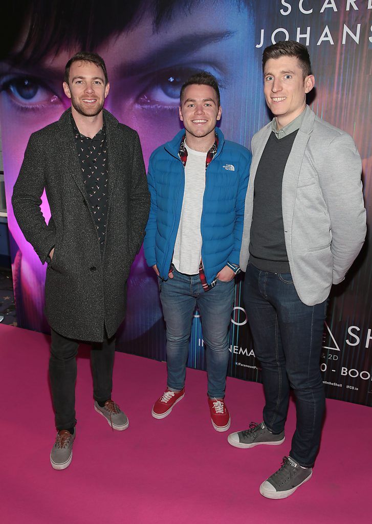 Jack Gilligan, Fionan Clabby and Brian Fitzgerald ictured at the special preview screening of the film Ghost in the Shell at Cineworld, Dublin. Picture: Brian McEvoy.