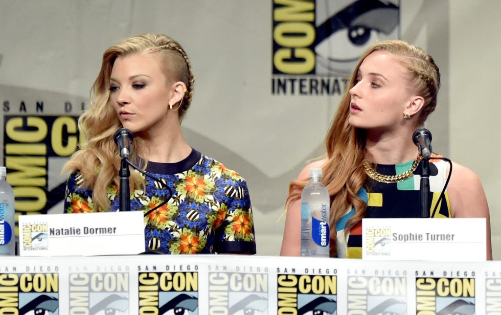 Natalie Dormer (L) and Sophie Turner attend HBO's "Game Of Thrones" panel and Q&A during Comic-Con International 2014 at San Diego Convention Center on July 25, 2014 in San Diego, California.  (Photo by Kevin Winter/Getty Images)