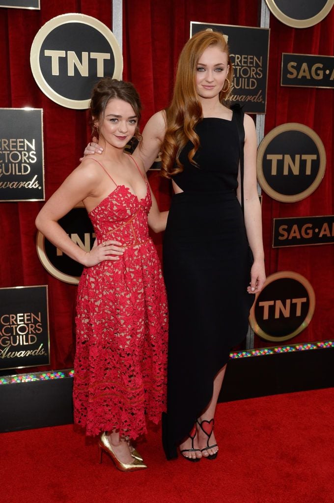 Maisie Williams and Sophie Turner attend the 21st Annual Screen Actors Guild Awards at The Shrine Auditorium on January 25, 2015 in Los Angeles, California.  (Photo by Kevork Djansezian/Getty Images)