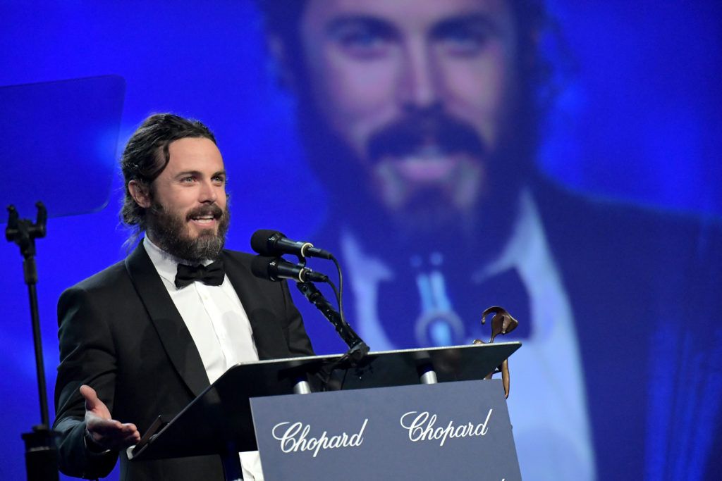 Casey Affleck speaks onstage at the 28th Annual Palm Springs International Film Festival Film Awards Gala at the Palm Springs Convention Center on January 2, 2017 in Palm Springs, California.  (Photo by Charley Gallay/Getty Images for Palm Springs International Film Festival)