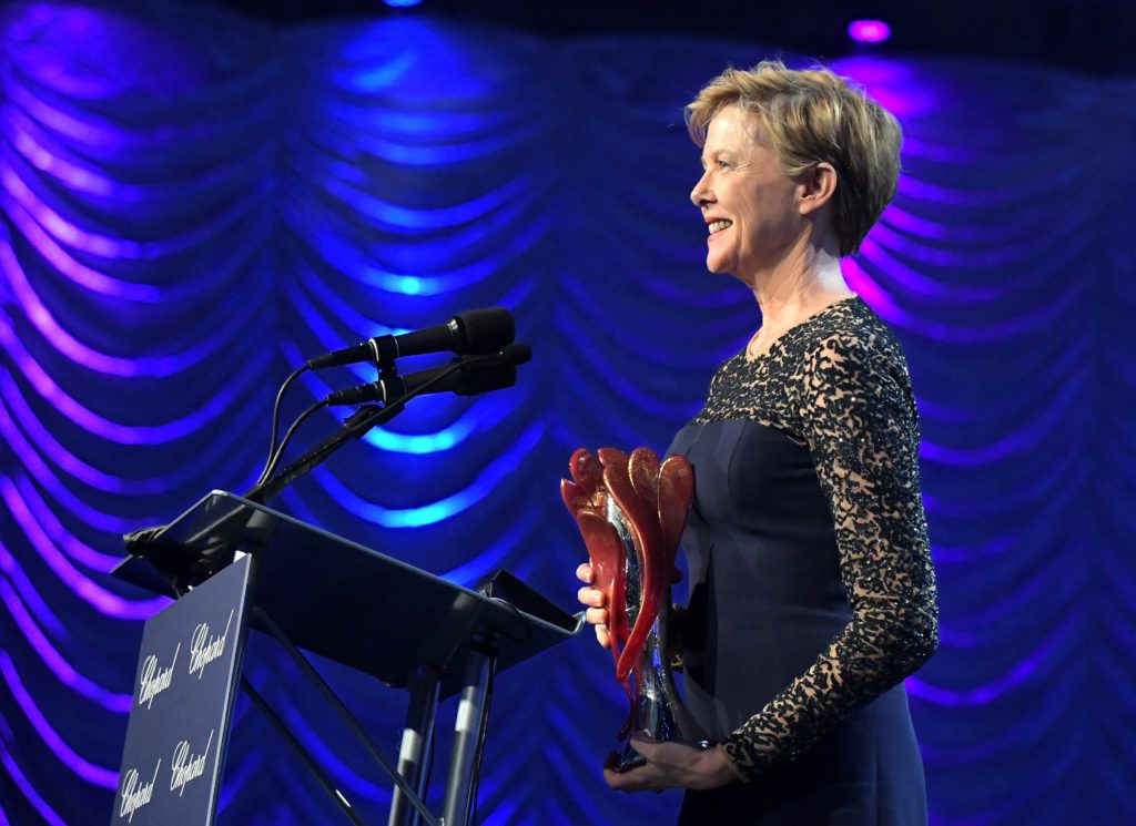 Annette Bening speaks onstage at the 28th Annual Palm Springs International Film Festival Film Awards Gala at the Palm Springs Convention Center on January 2, 2017 in Palm Springs, California.  (Photo by Charley Gallay/Getty Images for Palm Springs International Film Festival)