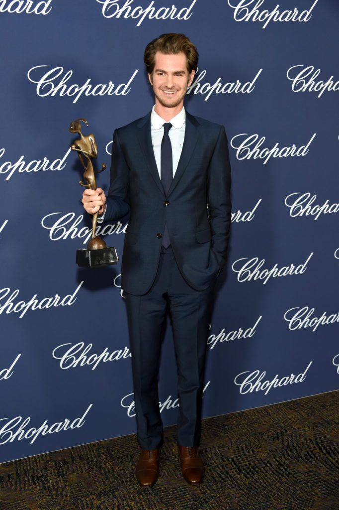 Andrew Garfield poses with the Spotlight Award during the 28th Annual Palm Springs International Film Festival Film Awards Gala at the Palm Springs Convention Center on January 2, 2017 in Palm Springs, California.  (Photo by Michael Kovac/Getty Images for Palm Springs International Film Festival)