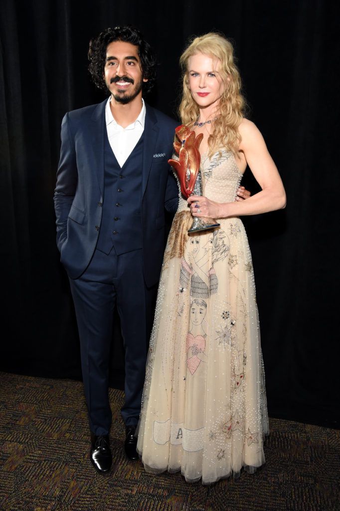 Nicole Kidman poses with the International Star Award with actor Dev Patel during the 28th Annual Palm Springs International Film Festival Film Awards Gala at the Palm Springs Convention Center on January 2, 2017 in Palm Springs, California.  (Photo by Michael Kovac/Getty Images for Palm Springs International Film Festival)