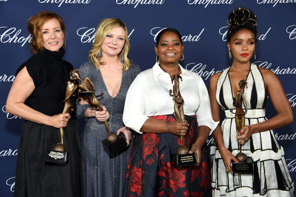 Kimberly Quinn, Kirsten Dunst, Octavia Spencer and Janelle Monae pose with the Ensemble Performance Award during the 28th Annual Palm Springs International Film Festival Film Awards Gala at the Palm Springs Convention Center on January 2, 2017 in Palm Springs, California.  (Photo by Michael Kovac/Getty Images for Palm Springs International Film Festival)