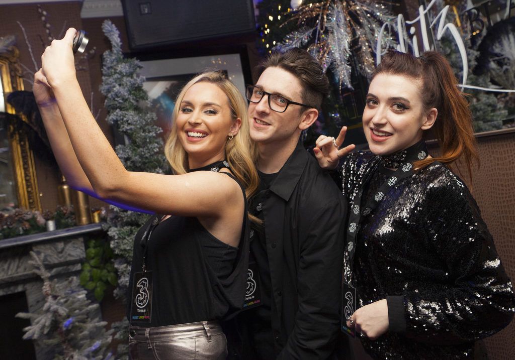 Megan Cassidy, FM104 with Stephen Byrne, 2FM and RTE2 and Blogger Leanne Woodfull at the Three party ahead of the 3Countdown Concert on New Year's Eve at the Black Door (Photos from Photocall Ireland)
