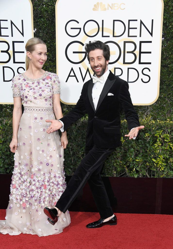 BEVERLY HILLS, CA - JANUARY 08:  (L-R) Actors Jocelyn Towne and Simon Helberg  attend the 74th Annual Golden Globe Awards at The Beverly Hilton Hotel on January 8, 2017 in Beverly Hills, California.  (Photo by Frazer Harrison/Getty Images)