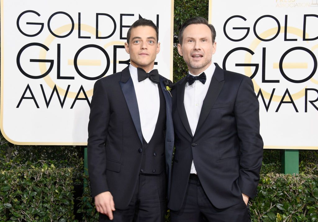 BEVERLY HILLS, CA - JANUARY 08:  Actors Rami Malek (L) and Christian Slater attend the 74th Annual Golden Globe Awards at The Beverly Hilton Hotel on January 8, 2017 in Beverly Hills, California.  (Photo by Frazer Harrison/Getty Images)