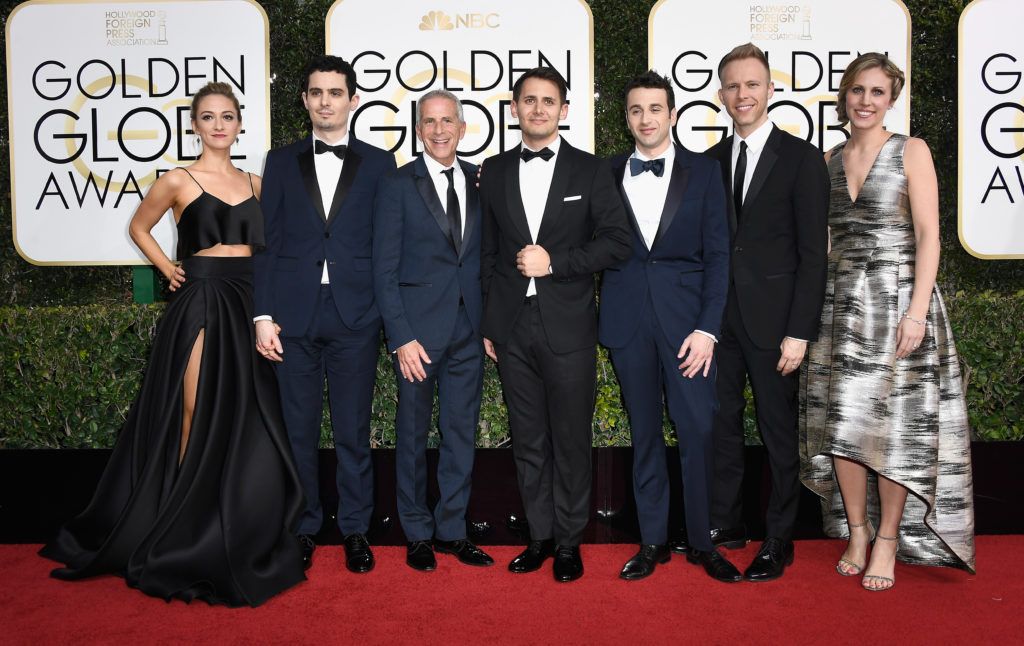 BEVERLY HILLS, CA - JANUARY 08:  (L-R) Actress Olivia Hamilton, director Damien Chazelle,  producer Marc Platt, lyricist Benj Pasek, composer Justin Hurwitz, lyricist Justin Paul and Guest attend the 74th Annual Golden Globe Awards at The Beverly Hilton Hotel on January 8, 2017 in Beverly Hills, California.  (Photo by Frazer Harrison/Getty Images)