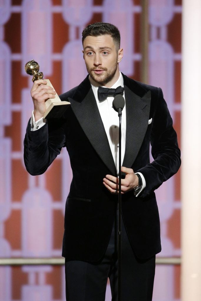 BEVERLY HILLS, CA - JANUARY 08: In this handout photo provided by NBCUniversal, Aaron Taylor-Johnson accepts the award for Best Supporting Actor In A Motion Picture for his role in "Nocturnal Animals" during the 74th Annual Golden Globe Awards at The Beverly Hilton Hotel on January 8, 2017 in Beverly Hills, California. (Photo by Paul Drinkwater/NBCUniversal via Getty Images)