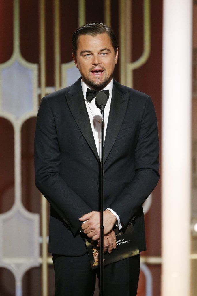BEVERLY HILLS, CA - JANUARY 08: In this handout photo provided by NBCUniversal, presenter Leonardo DiCaprio onstage during the 74th Annual Golden Globe Awards at The Beverly Hilton Hotel on January 8, 2017 in Beverly Hills, California. (Photo by Paul Drinkwater/NBCUniversal via Getty Images)