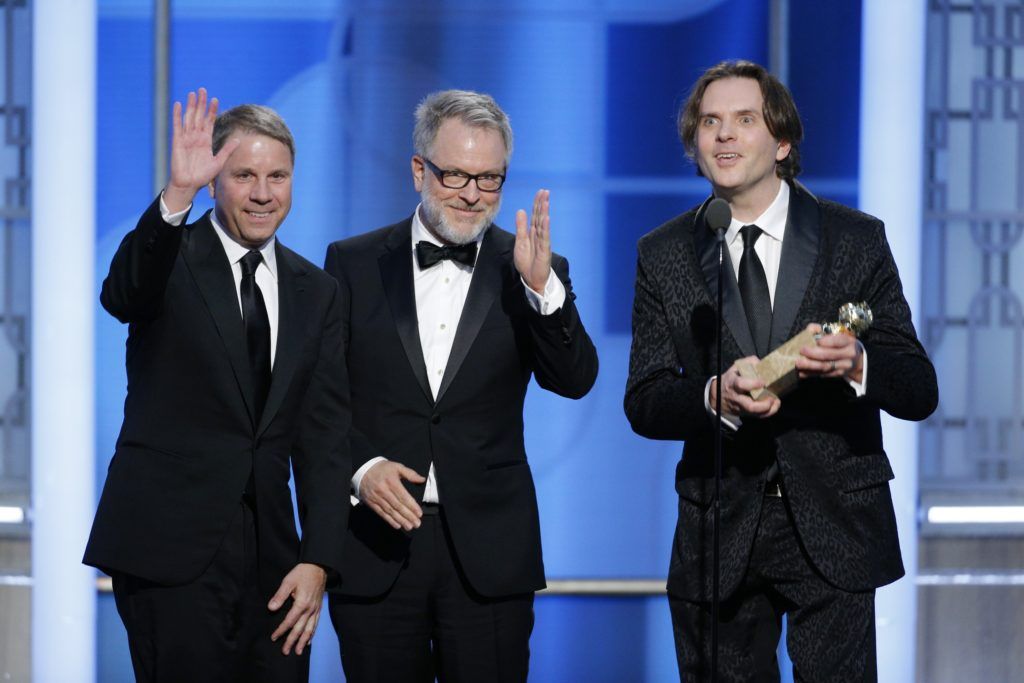 BEVERLY HILLS, CA - JANUARY 08: In this handout photo provided by NBCUniversal, (L-R) producer Clark Spencer and directors Rich Moore and Byron Howard accept the award for Best Motion Picture - Animated for "Zootopia" during the 74th Annual Golden Globe Awards at The Beverly Hilton Hotel on January 8, 2017 in Beverly Hills, California. (Photo by Paul Drinkwater/NBCUniversal via Getty Images)