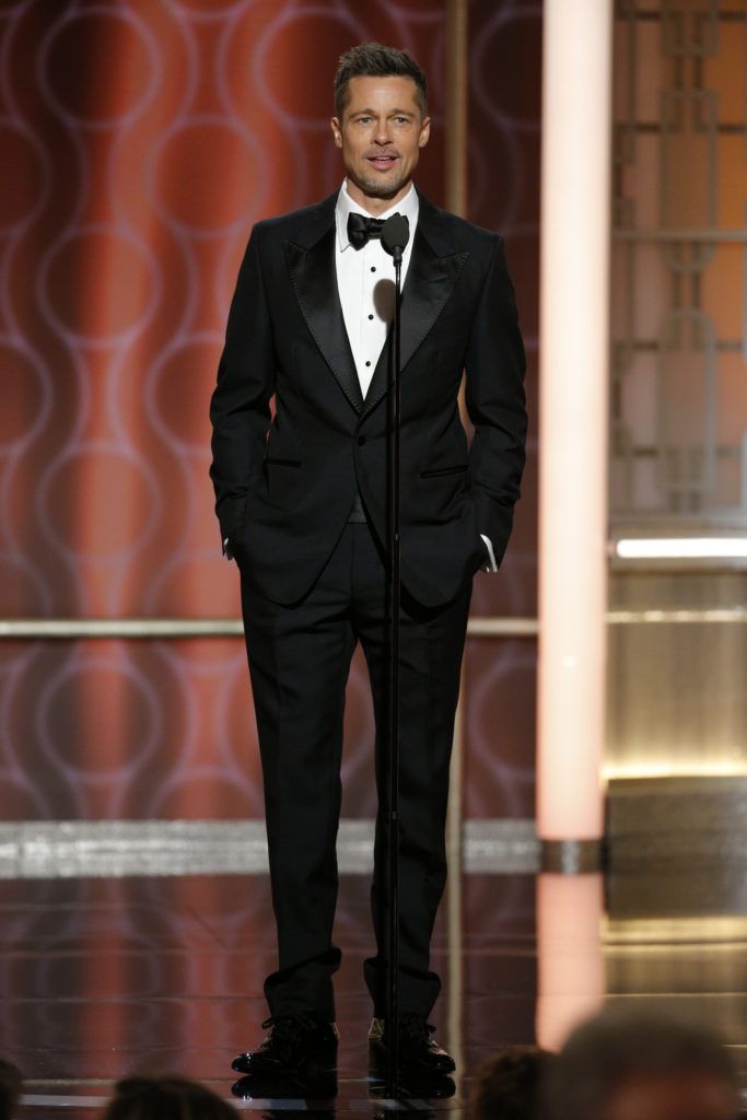 BEVERLY HILLS, CA - JANUARY 08: In this handout photo provided by NBCUniversal, presenter Brad Pitt onstage during the 74th Annual Golden Globe Awards at The Beverly Hilton Hotel on January 8, 2017 in Beverly Hills, California. (Photo by Paul Drinkwater/NBCUniversal via Getty Images)