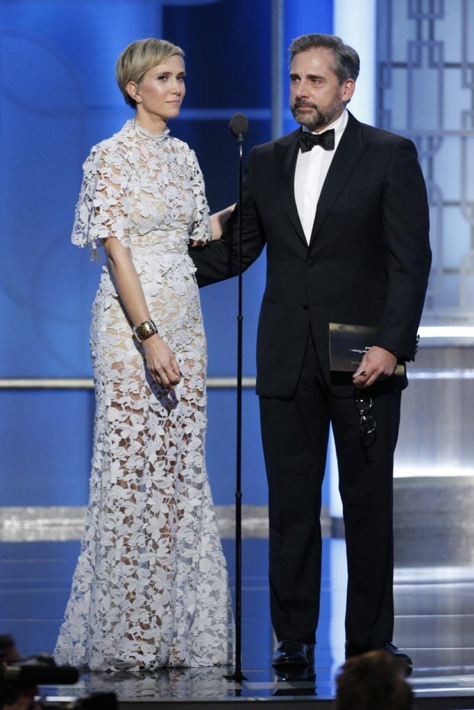 BEVERLY HILLS, CA - JANUARY 08: In this handout photo provided by NBCUniversal, presenters Kristen Wiig (L) and Steve Carell onstage during the 74th Annual Golden Globe Awards at The Beverly Hilton Hotel on January 8, 2017 in Beverly Hills, California. (Photo by Paul Drinkwater/NBCUniversal via Getty Images)