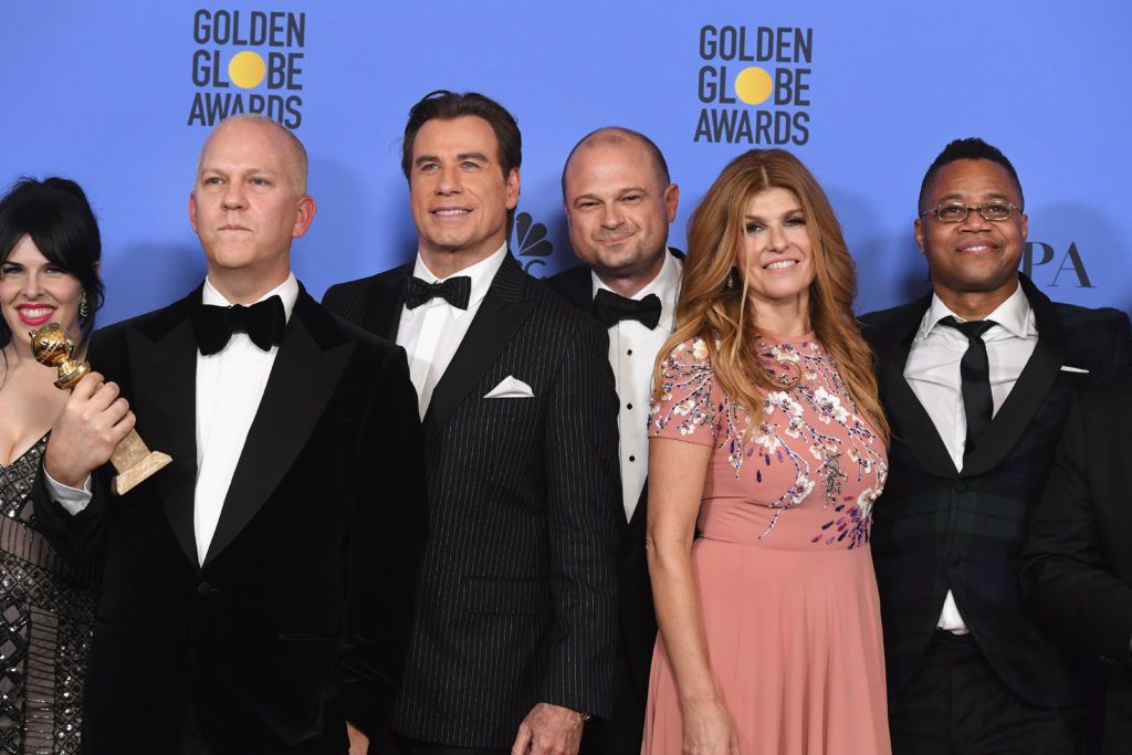 BEVERLY HILLS, CA - JANUARY 08:  (L-R) Producer Alexis Martin Woodall, writer/producer Ryan Murphy, actor John Travolta, producer Brad Simpson, and actors Connie Britton and Cuba Gooding Jr., winners of Best Miniseries or Television Film for 'The People v. O.J. Simpson: American Crime Story,' pose in the press room during the 74th Annual Golden Globe Awards at The Beverly Hilton Hotel on January 8, 2017 in Beverly Hills, California.  (Photo by Kevin Winter/Getty Images)