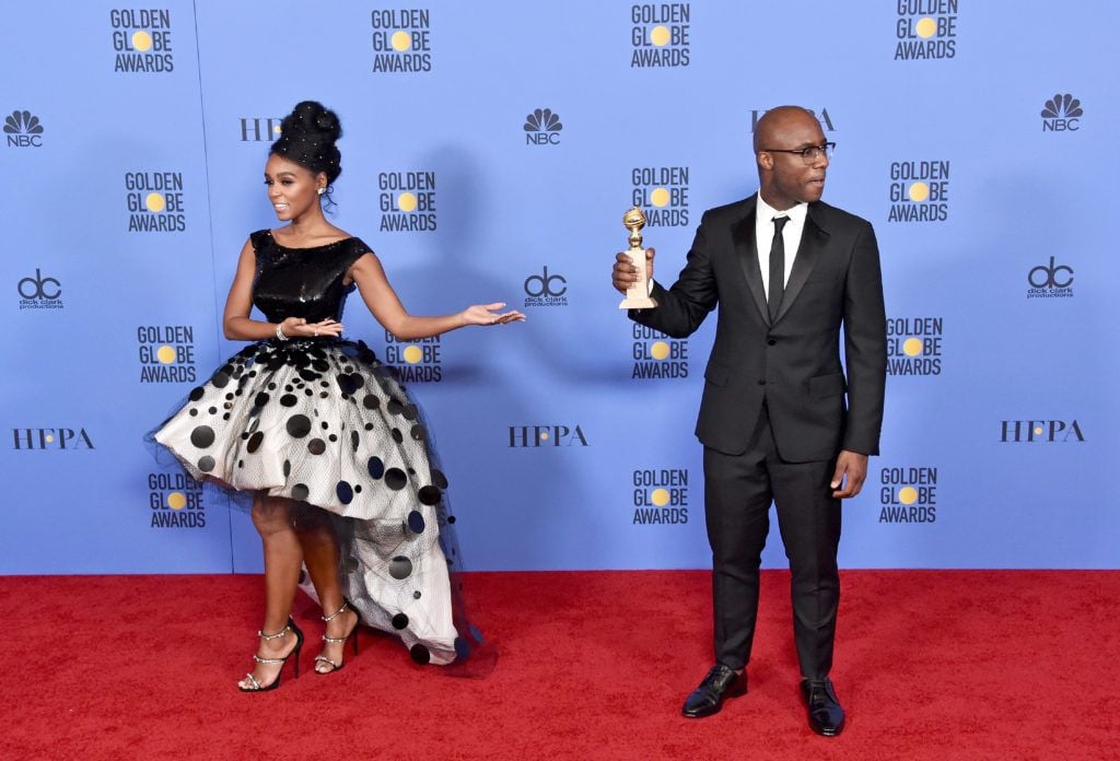 BEVERLY HILLS, CA - JANUARY 08:  Singer/actress Janelle Monae (L) and filmmaker Barry Jenkins pose in the press room during the 74th Annual Golden Globe Awards at The Beverly Hilton Hotel on January 8, 2017 in Beverly Hills, California.  (Photo by Alberto E. Rodriguez/Getty Images)