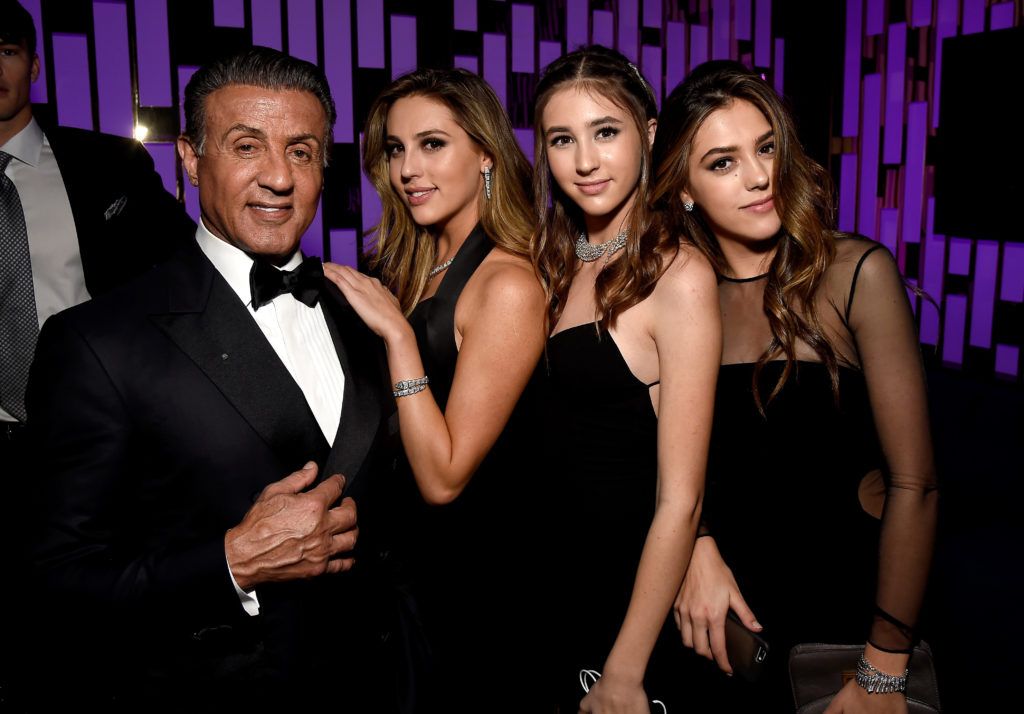 BEVERLY HILLS, CA - JANUARY 08:  (L-R) Actor Sylvester Stallone, Scarlet Rose Stallone, Sophia Rose Stallone and Sistine Rose Stallone attend The 2017 InStyle and Warner Bros. 73rd Annual Golden Globe Awards Post-Party at The Beverly Hilton Hotel on January 8, 2017 in Beverly Hills, California.  (Photo by Matt Winkelmeyer/Getty Images for InStyle)