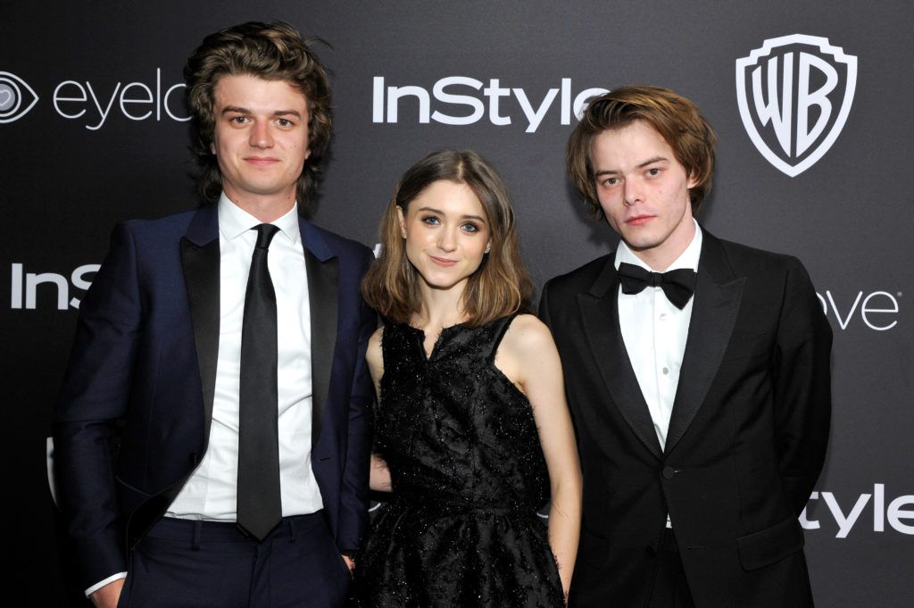 BEVERLY HILLS, CA - JANUARY 08:  (L-R) Actors Joe Keery, Natalia Dyer and Charlie Heaton attend The 2017 InStyle and Warner Bros. 73rd Annual Golden Globe Awards Post-Party at The Beverly Hilton Hotel on January 8, 2017 in Beverly Hills, California.  (Photo by John Sciulli/Getty Images for InStyle)