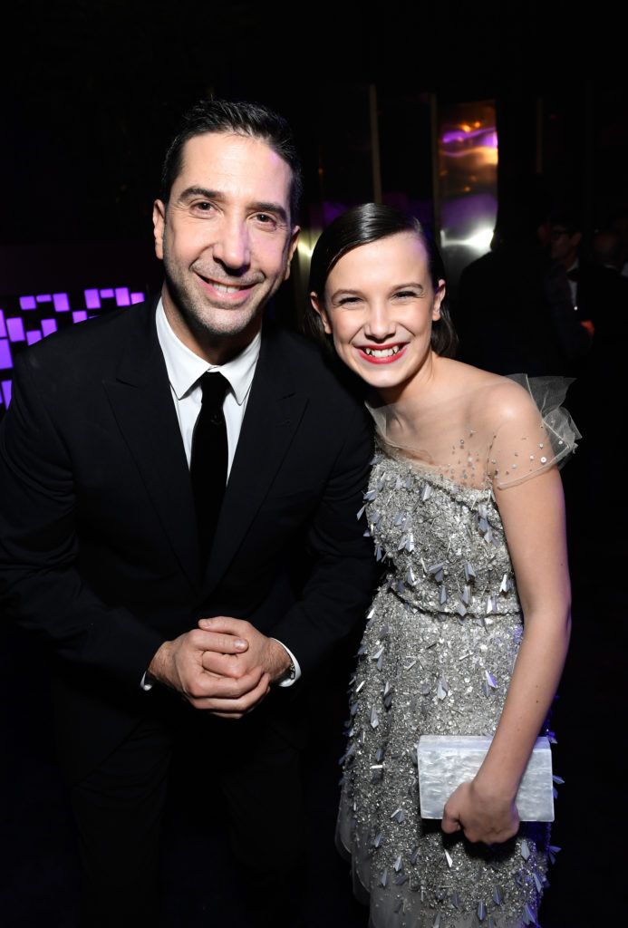 BEVERLY HILLS, CA - JANUARY 08:  Actors David Schwimmer (L) and Millie Bobby Brown attend The 2017 InStyle and Warner Bros. 73rd Annual Golden Globe Awards Post-Party at The Beverly Hilton Hotel on January 8, 2017 in Beverly Hills, California.  (Photo by Matt Winkelmeyer/Getty Images for InStyle)