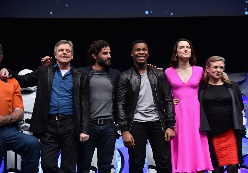 Mark Hamill, Oscar Isaac, John Boyega, Daisy Ridley and Carrie Fisher speak onstage during Star Wars Celebration 2015 on April 16, 2015 in Anaheim, California.  (Photo by Alberto E. Rodriguez/Getty Images for Disney)