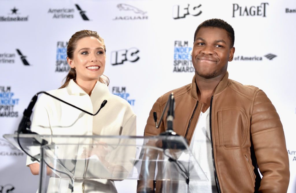 Elizabeth Olsen and John Boyega speak onstage at the 2016 Film Independent Spirit Awards Nomination Press Conference at W Hollywood on November 24, 2015 in Hollywood, California.  (Photo by Alberto E. Rodriguez/Getty Images)