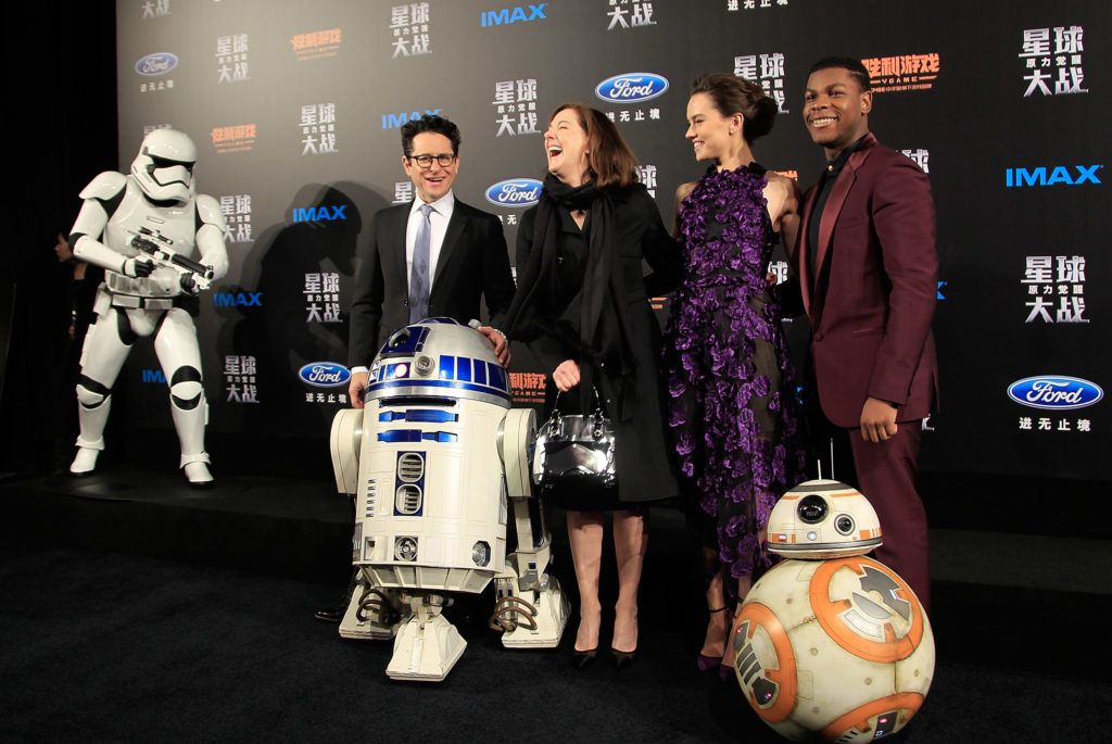 J.J. Abrams, Kathleen Kennedy, Daisy Ridley, John Boyega, attend the premiere of Star Wars on December 27, 2015 in Shanghai, China.  (Photo by Hu Chengwei/Getty Images for Walt Disney Studios)