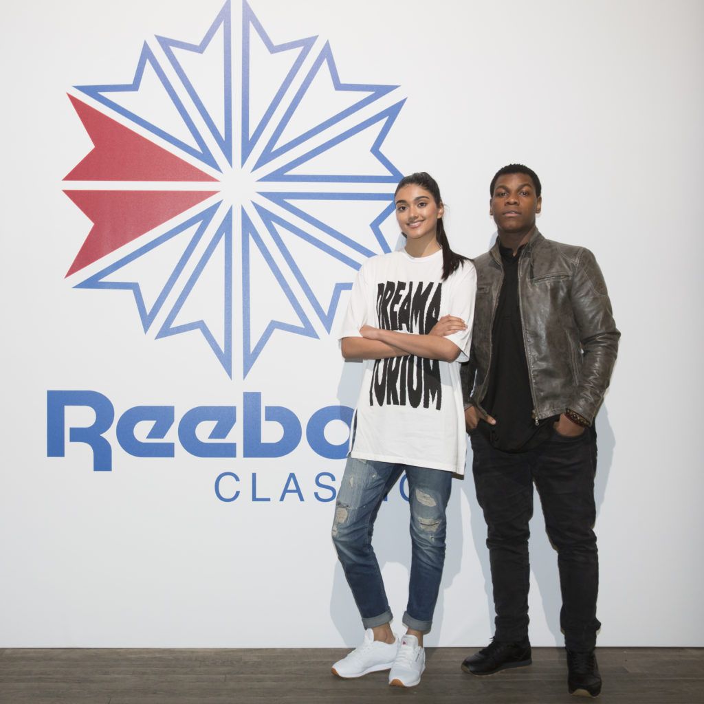Neelam Gill and John Boyega attend a celebration of Reebok Classic Leather at Bankside, London SE1 on March 10, 2016 in London, England. (Photo by Nathan Gallagher/Reebok via Getty Images)