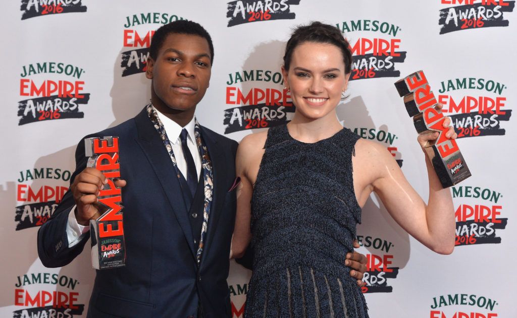 John Boyega and Daisy Ridley with their awards for Best Male and Best Female Newcomers in the winners room at the Jameson Empire Awards 2016 at The Grosvenor House Hotel on March 20, 2016 in London, England.  (Photo by Anthony Harvey/Getty Images)