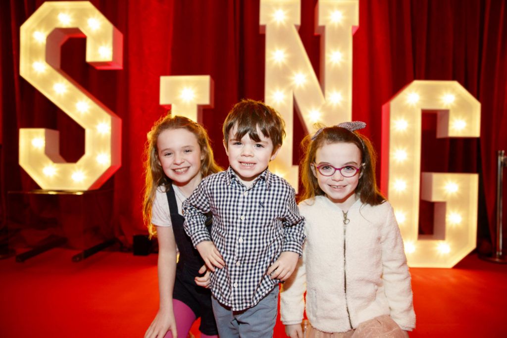 Caoimhe (10) Darragh (4) and Emer Lennox (8) from Castlenock pictured at the Irish premiere screening of Illumination's new animation film SING at the Savoy Cinema, Dublin. Picture Andres Poveda