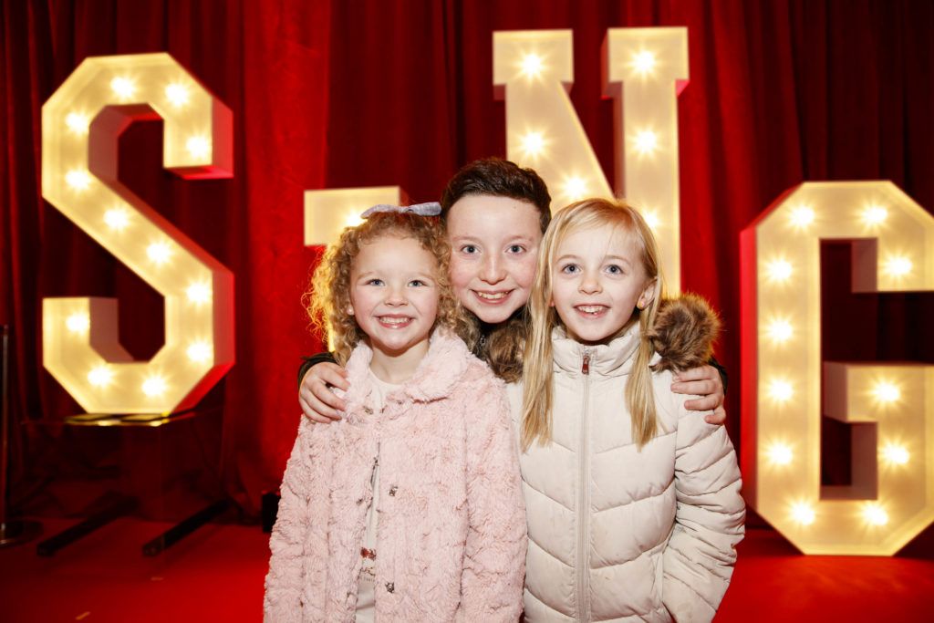 Ava DeLoughrey (5) Daniel Maloy (13) and Erin Cunningham (6) from Lusk Co. Dublin pictured at the Irish premiere screening of Illumination's new animation film SING at the Savoy Cinema, Dublin. Picture Andres Poveda