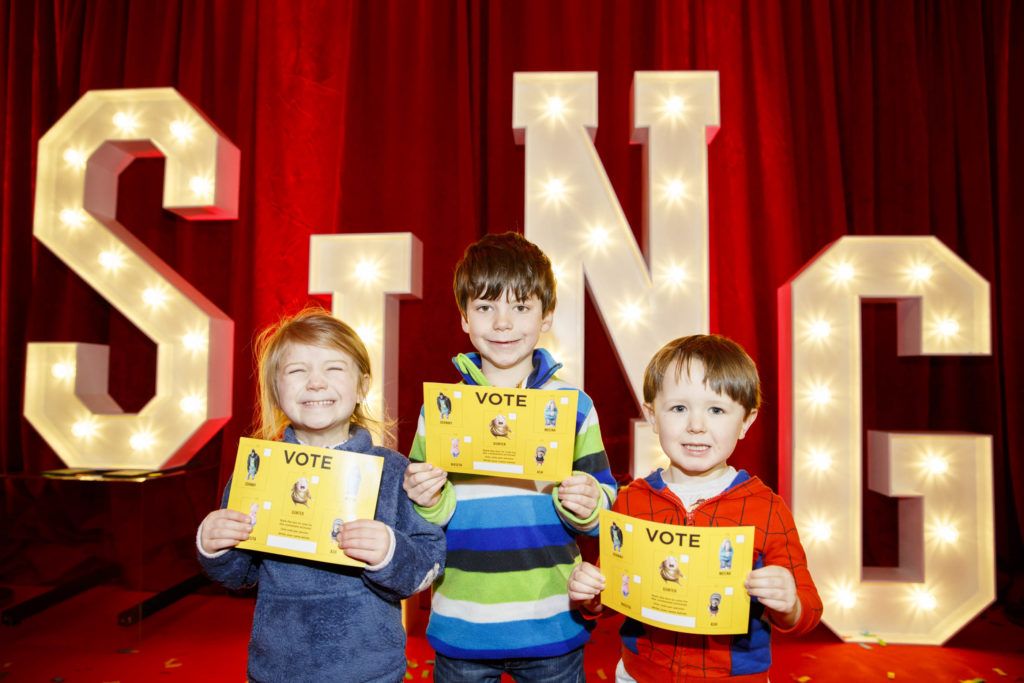 Daisy Searman (4) Dylan Searman (7) and Dexter Walker (3) pictured at the Irish premiere screening of Illumination's new animation film SING at the Savoy Cinema, Dublin. Picture Andres Poveda