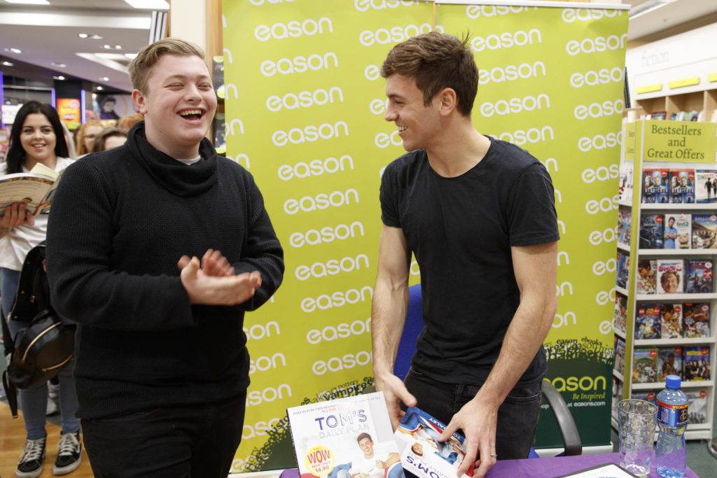 British Diving Olympian, Tom Daley, pictured with Ross Fennell (16) (left) from Tallaght in Eason Dundrum Town Centre where he was signing copies of his new book, Tom’s Daily Plan. Picture Andres Poveda