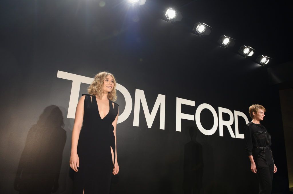 Elizabeth Olsen, wearing TOM FORD, attends the TOM FORD Autumn/Winter 2015 Womenswear Collection Presentation at Milk Studios in Los Angeles on February 20, 2015.  (Photo by Michael Buckner/Getty Images for Tom Ford)