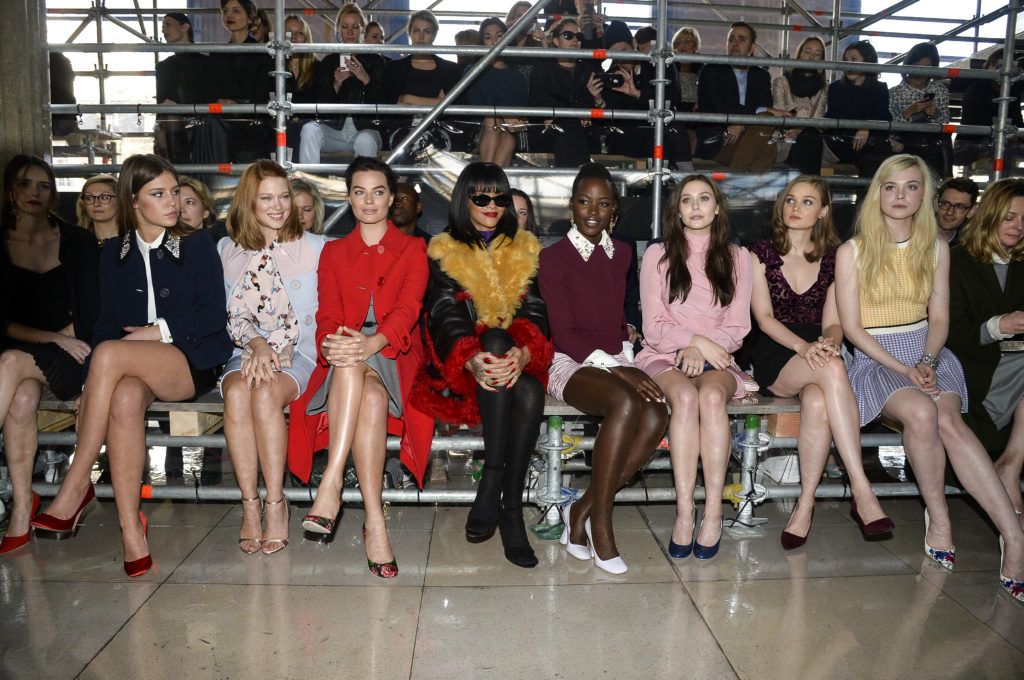 Adele Exarchopoulos, Lea Seydoux, Margot Robbie, singer Rihanna, actresses Lupita Nyong'o, Elizabeth Olsen, Bella Heathcote and Elle Fanning attend the Miu Miu show as part of the Paris Fashion Week Womenswear Fall/Winter 2014-2015 on March 5, 2014 in Paris, France.  (Photo by Pascal Le Segretain/Getty Images)