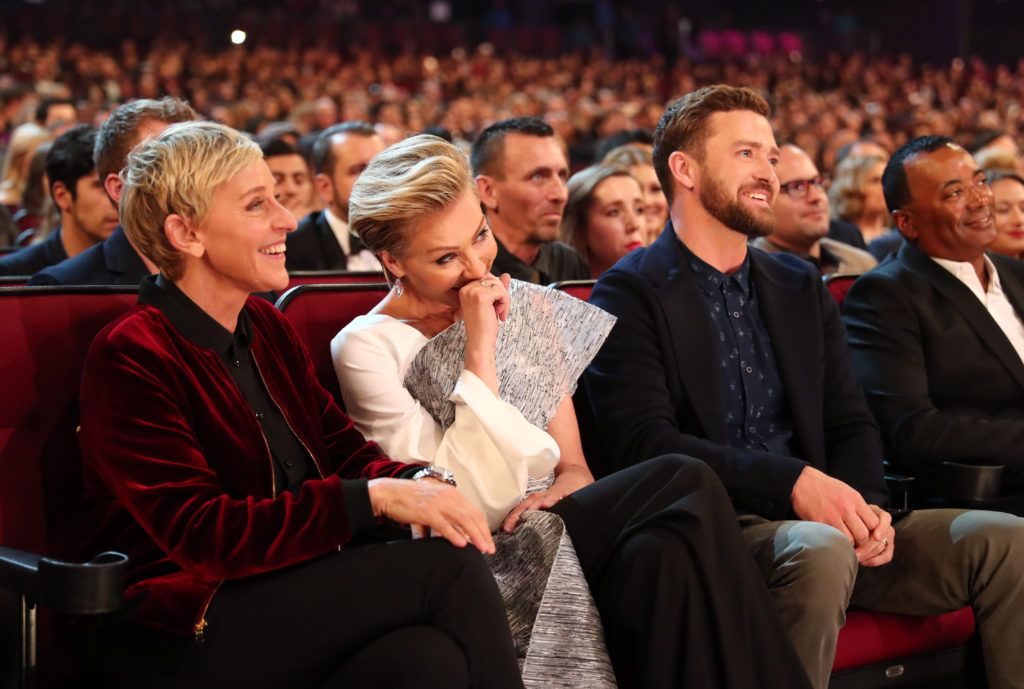 LOS ANGELES, CA - JANUARY 18:  TV Host Ellen Degeneres, actress Portia De Rossi and singer Justin Timberlake attend the People's Choice Awards 2017 at Microsoft Theater on January 18, 2017 in Los Angeles, California.  (Photo by Christopher Polk/Getty Images for People's Choice Awards)