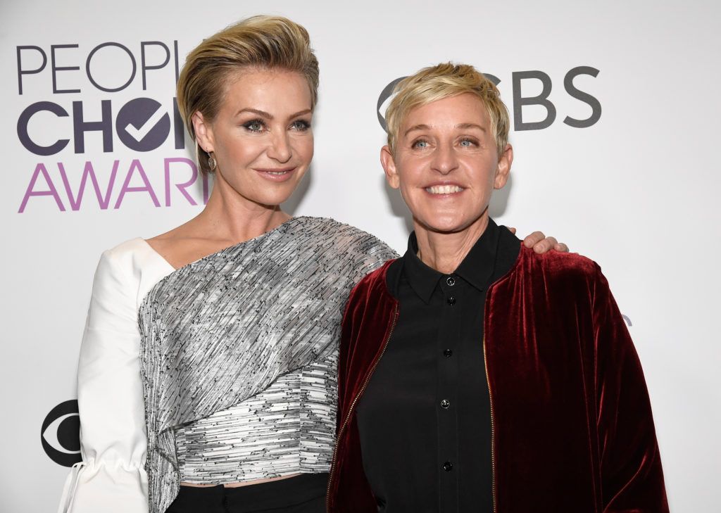 LOS ANGELES, CA - JANUARY 18:  TV Personality Ellen Degeneres, winner of multiple awards (R) and actress Portia De Rossi pose in the press room during the People's Choice Awards 2017 at Microsoft Theater on January 18, 2017 in Los Angeles, California.  (Photo by Kevork Djansezian/Getty Images)