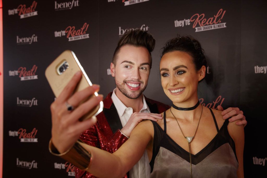 Mark Rogers, Marketing Manager Benefit Cosmetics Ireland with Sinéad De Butléir pictured at the Benefit Cosmetics They’re Real! Lipstick Launch in the Morrison Hotel Dublin. Picture Andres Poveda