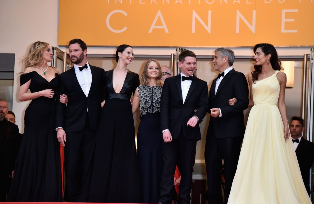 Julia Roberts, Dominic West, Caitriona Balfe, producer Jodie Foster, actors Jack O'Connell, George Clooney and lawyer Amal Clooney attend the "Money Monster" premiere during the 69th annual Cannes Film Festival at the Palais des Festivals on May 12, 2016 in Cannes, France.  (Photo by Pascal Le Segretain/Getty Images)