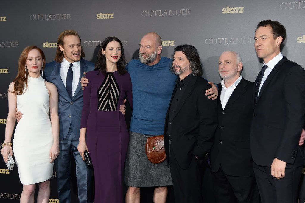 Lotte Verbeek, Sam Heughan, Caitriona Balfe, Graham McTavish, Ronald D. Moore, Gary Lewis, and Tobias Menzies attend the "Outlander" mid-season New York premiere at Ziegfeld Theater on April 1, 2015 in New York City.  (Photo by Jamie McCarthy/Getty Images)