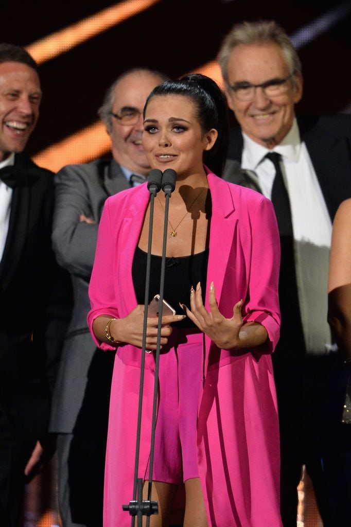 LONDON, ENGLAND - JANUARY 25:  Scarlett Moffatt accepts the Best Challenge Show award for I'm a Celebrity... Get Me Out of Here, on stage during the National Television Awards at The O2 Arena on January 25, 2017 in London, England.  (Photo by Jeff Spicer/Getty Images)