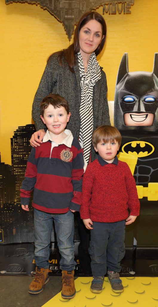 Nicola Giffney is pictured here with Alexander O'Toole and Hugo O'Toole at the Irish premiere screening of The Lego Batman Movie at the Odeon Point Village, Dublin (Picture: Brian McEvoy).