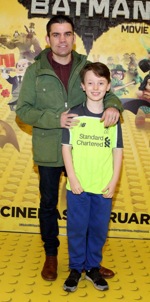Bernard Dunne and Finnian Dunne at the Irish premiere screening of The Lego Batman Movie at the Odeon Point Village, Dublin (Picture: Brian McEvoy).