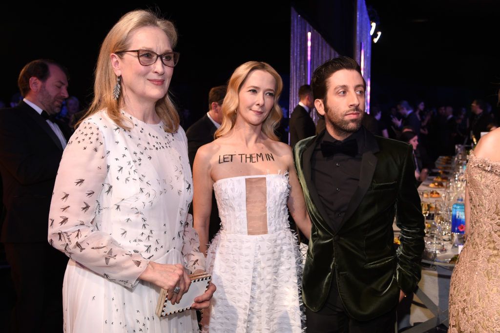 LOS ANGELES, CA - JANUARY 29:  (L-R) Actors Meryl Streep, Jocelyn Towne, and Simon Helberg attend the 23rd Annual Screen Actors Guild Awards Cocktail Reception at The Shrine Expo Hall on January 29, 2017 in Los Angeles, California.  (Photo by Kevork Djansezian/Getty Images)