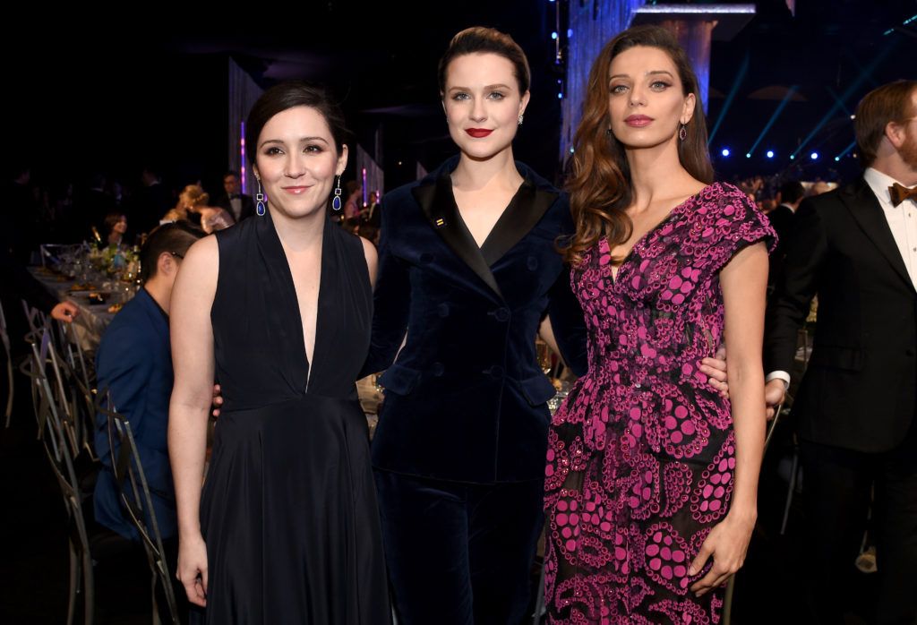 LOS ANGELES, CA - JANUARY 29: (L-R) Actors Shannon Woodward, Evan Rachel Wood, and Angela Sarafyan attend the 23rd Annual Screen Actors Guild Awards Cocktail Reception at The Shrine Expo Hall on January 29, 2017 in Los Angeles, California.  (Photo by Kevork Djansezian/Getty Images)