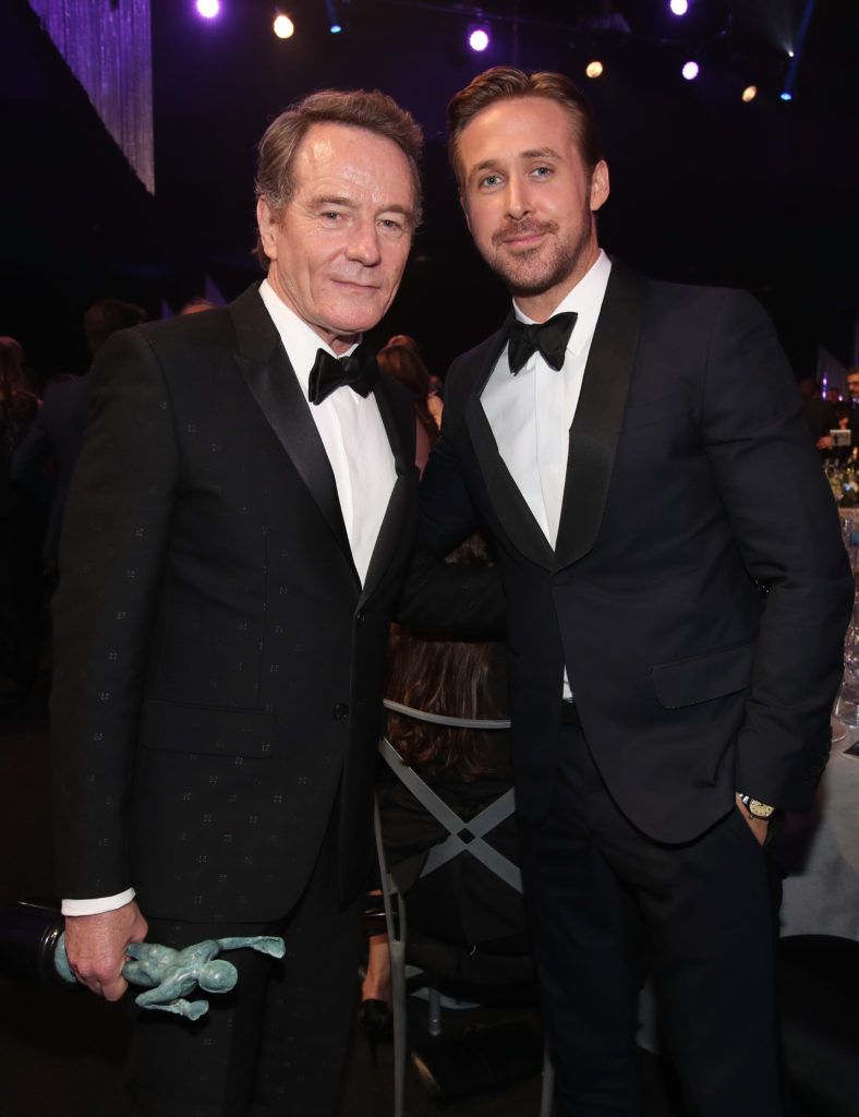 LOS ANGELES, CA - JANUARY 29: Actors Bryan Cranston, winner of the award for Male Actor in a Television Movie or Limited Series, and Ryan Gosling during The 23rd Annual Screen Actors Guild Awards at The Shrine Auditorium on January 29, 2017 in Los Angeles, California. 26592_012  (Photo by Christopher Polk/Getty Images for TNT)