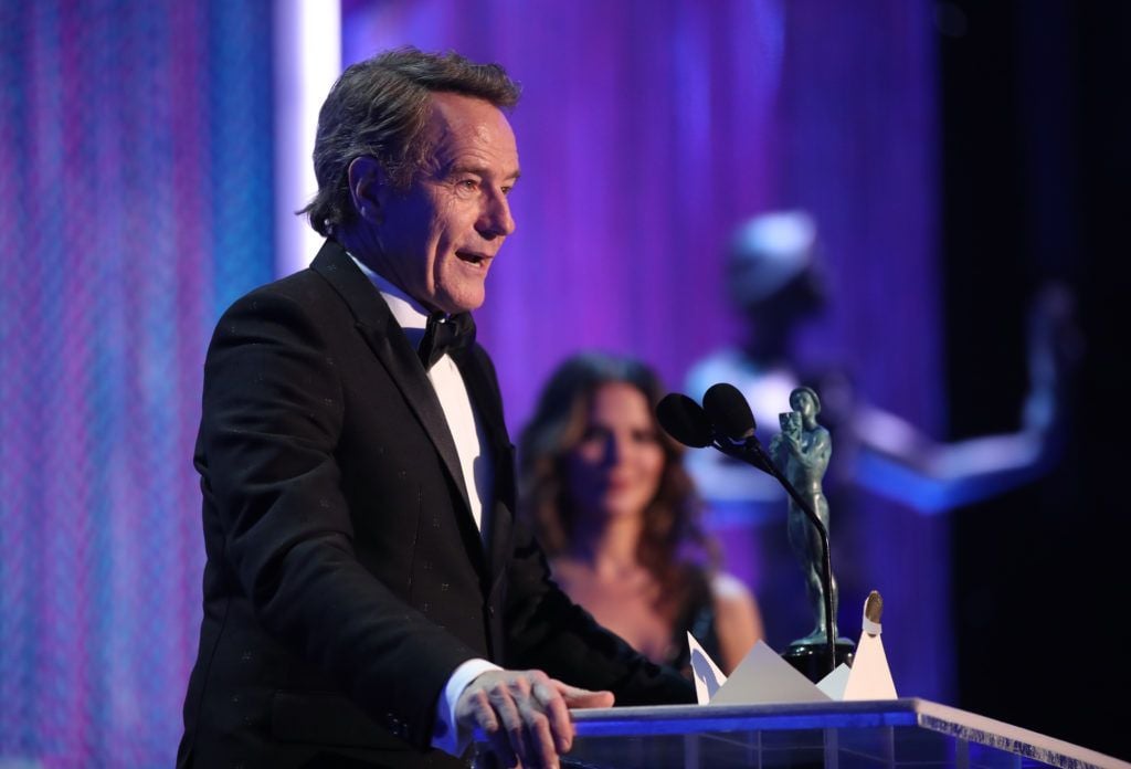 LOS ANGELES, CA - JANUARY 29: Actor Bryan Cranston, accepting the award for Male Actor in a Television Movie or Limited Series, during The 23rd Annual Screen Actors Guild Awards at The Shrine Auditorium on January 29, 2017 in Los Angeles, California. 26592_012  (Photo by Christopher Polk/Getty Images for TNT)