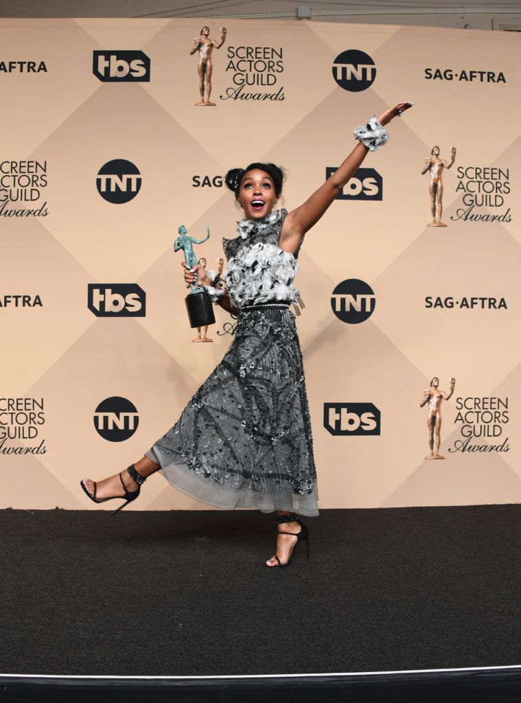 LOS ANGELES, CA - JANUARY 29:  Actor Janelle Monae, co-recipient of the Outstanding Performance by a Cast in a Motion Picture award for 'Hidden Figures,' poses in the press room during the 23rd Annual Screen Actors Guild Awards at The Shrine Expo Hall on January 29, 2017 in Los Angeles, California.  (Photo by Alberto E. Rodriguez/Getty Images)