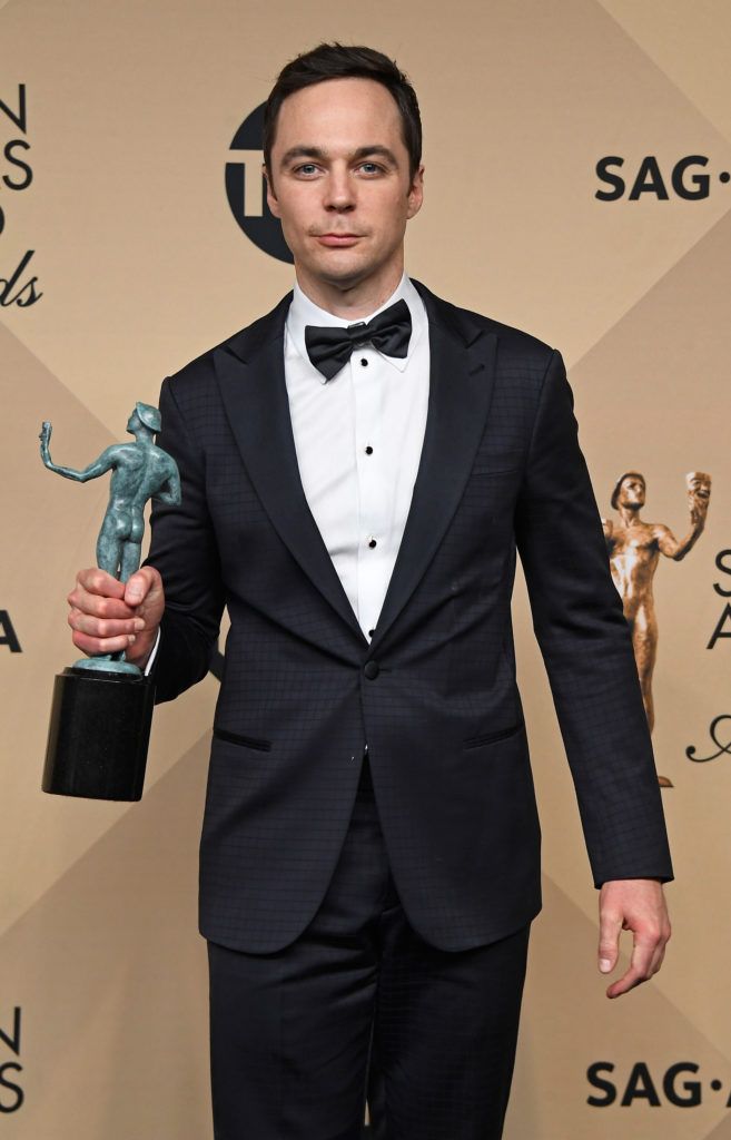 LOS ANGELES, CA - JANUARY 29:  Actor Jim Parsons, co-recipient of the Outstanding Performance by a Cast in a Motion Picture award for 'Hidden Figures,' poses in the press room during The 23rd Annual Screen Actors Guild Awards at The Shrine Auditorium on January 29, 2017 in Los Angeles, California. 26592_008  (Photo by Frazer Harrison/Getty Images)