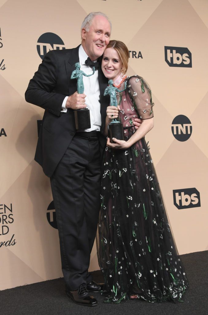 LOS ANGELES, CA - JANUARY 29:  Actor John Lithgow (L), winner of the Outstanding Male Actor in a Drama Series for 'The Crown,' and actor Claire Foy, winner of the Outstanding Female Actor in a Drama Series award for 'The Crown,'pose in the press room during the 23rd Annual Screen Actors Guild Awards at The Shrine Expo Hall on January 29, 2017 in Los Angeles, California.  (Photo by Alberto E. Rodriguez/Getty Images)