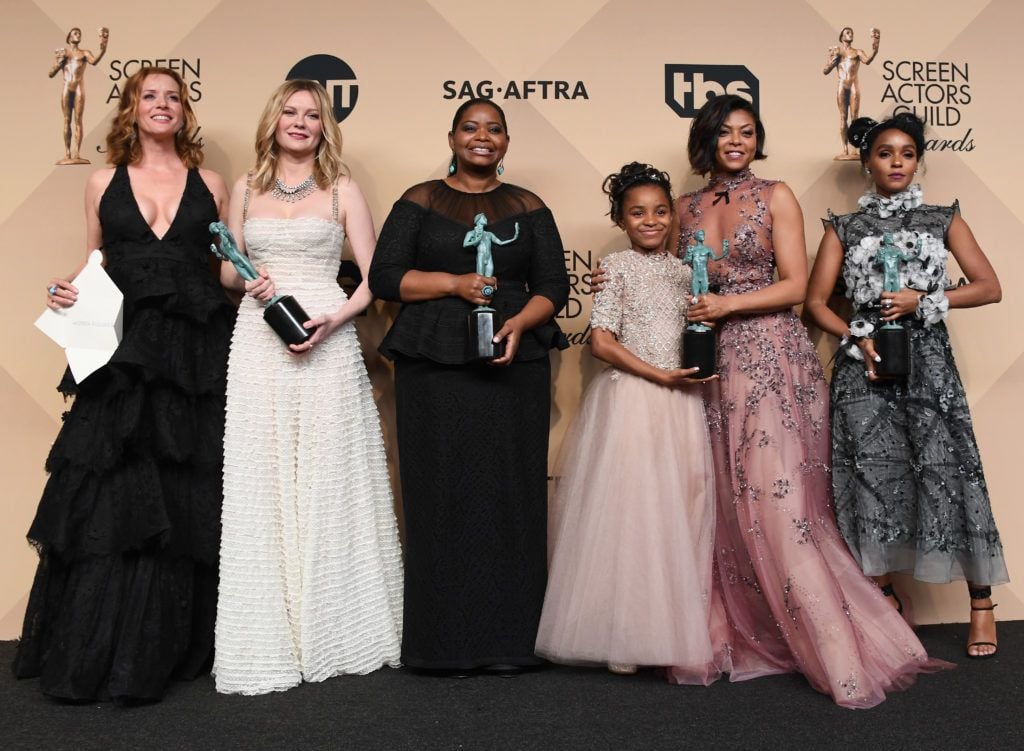 LOS ANGELES, CA - JANUARY 29:   (L-R) Actors Kimberly Quinn, Kirsten Dunst, Octavia Spencer, Saniyya Sidney, Taraji P. Henson, and Janelle Monael, co-recipients of the Outstanding Performance by a Cast in a Motion Picture award for 'Hidden Figures,' pose in the press room during the 23rd Annual Screen Actors Guild Awards at The Shrine Expo Hall on January 29, 2017 in Los Angeles, California.  (Photo by Alberto E. Rodriguez/Getty Images)