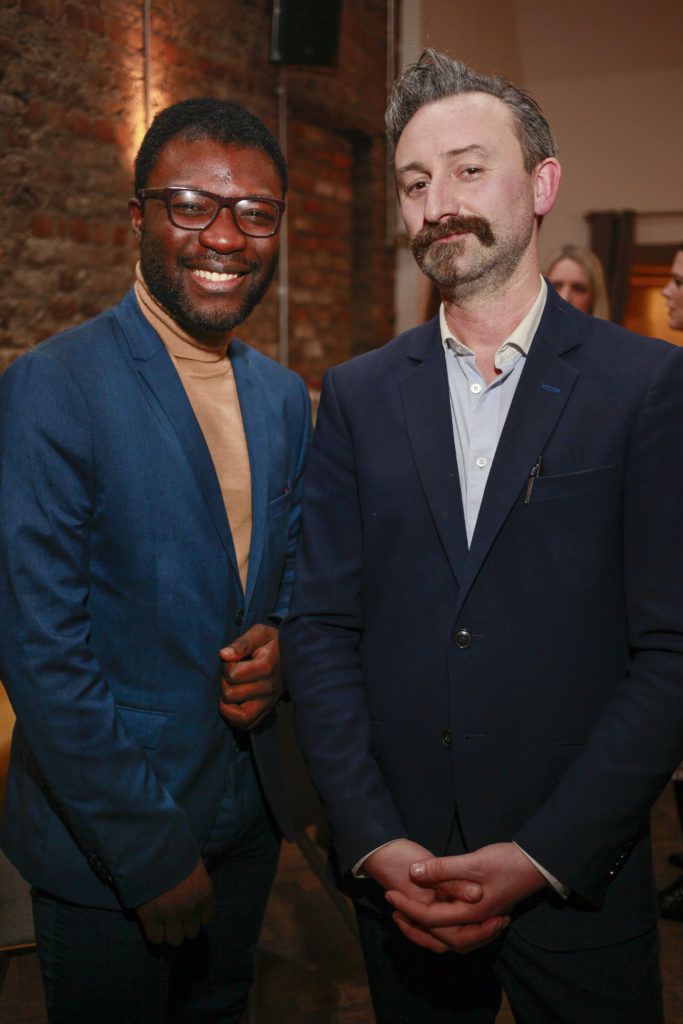 Timi Ogunyemi with Giovanni Viscardi co-owner at the launch night of Bagots Hutton Restaurant at 6 Upper Ormond Quay, Dublin. Photo by Daragh McDonagh